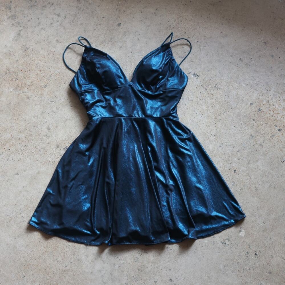 Sherri Hill Metallic Teal Fit & Flare Party Dress Size 12 Homecoming mini - Picture 2 of 6